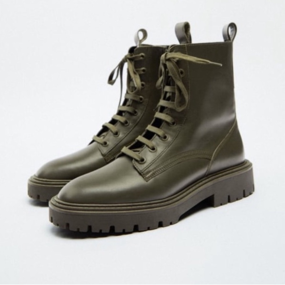 Green Leather Low Heel Lace Ankle Boot | Zara